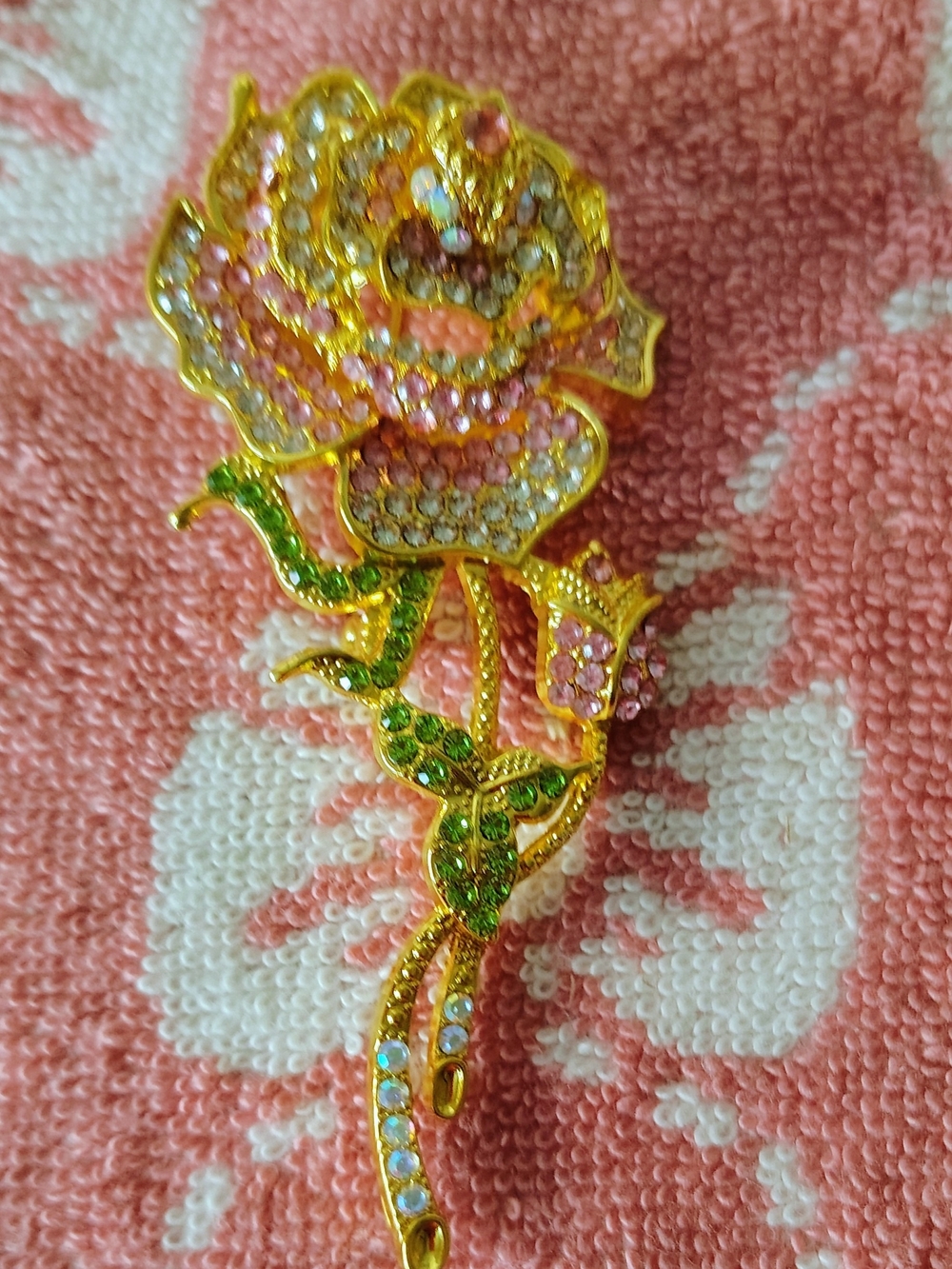 Gold Floral Crystal Brooch with Pink & Green Accents - Women Jewelry(Firm Price)